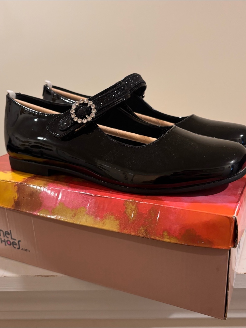 Rachel Shoes black patent leather Mary Jane flats with rhinestone buckle